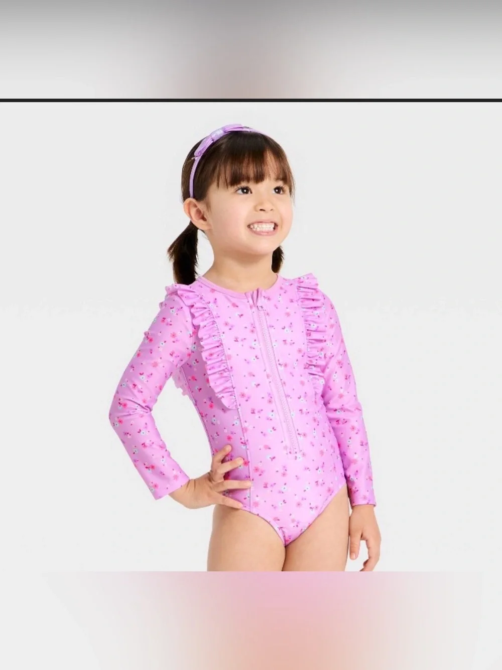 Cat & Jack Pink Floral Ruffle Long-Sleeve One-Piece Swimsuit